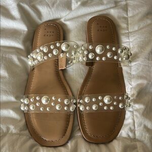A New Day Tan and White Pearl Embellished Sandals